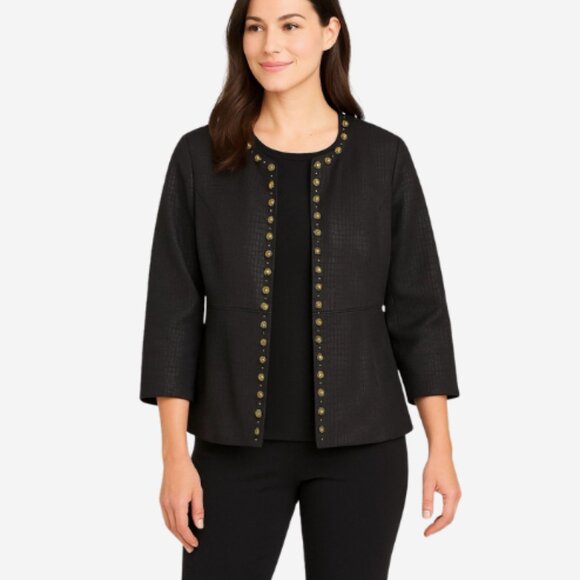 Y2K Ruby Rd. Jacket Woman's Size 12 Black Open Front Croc Embossed Studded Trim - Picture 1 of 5